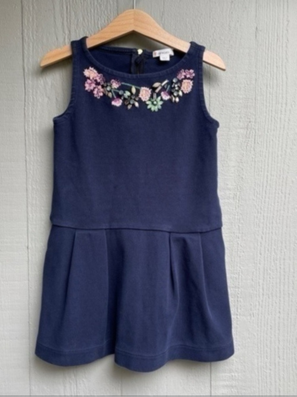 Crewcuts Navy Sleeveless Dress with Pink & Green Floral Embroidery